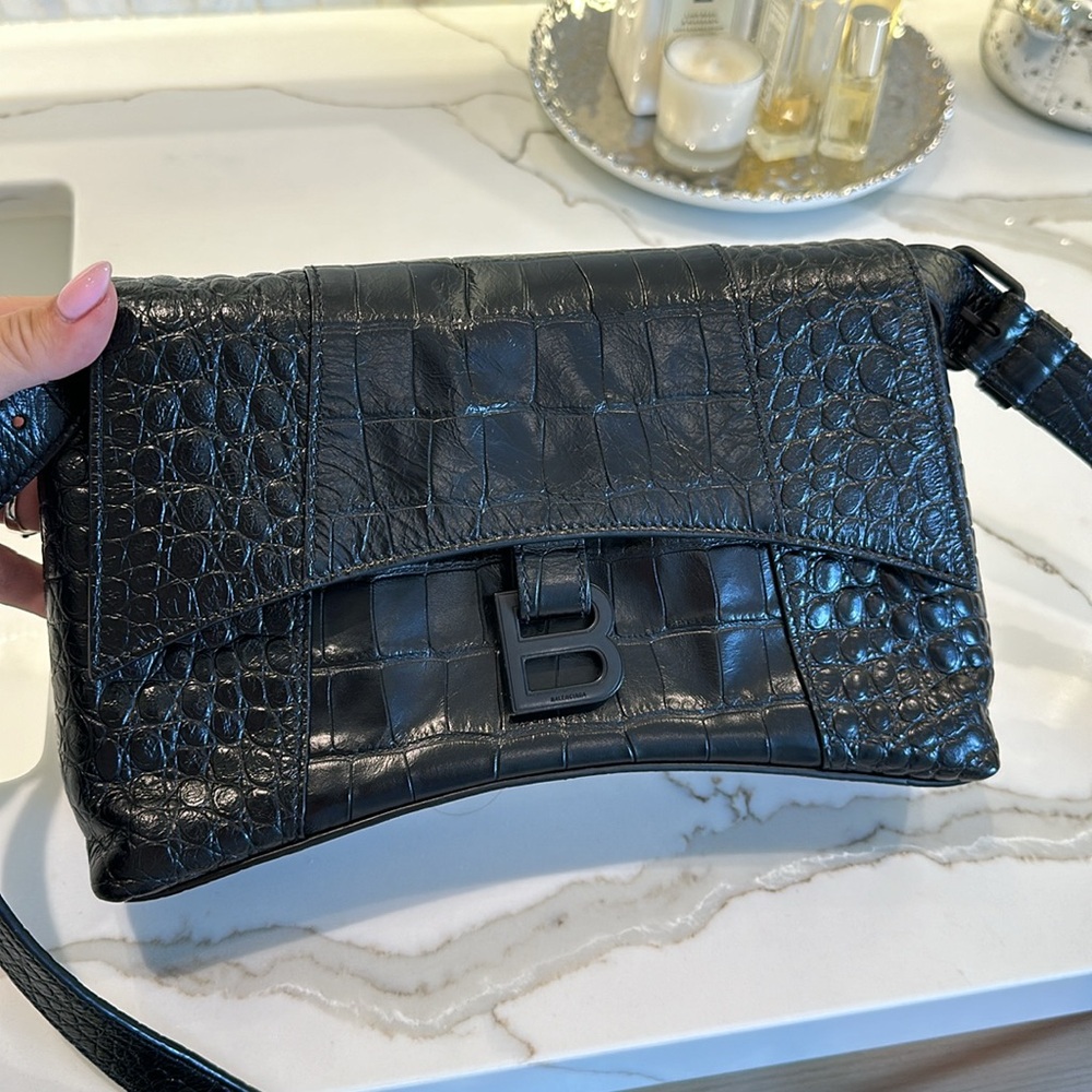 Balenciaga downtown XS  black on black croc embossed.